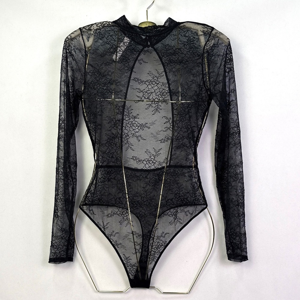 Auden Intimates Black Floral Lace Long Sleeve High Neck Cutout Bodysuit Small